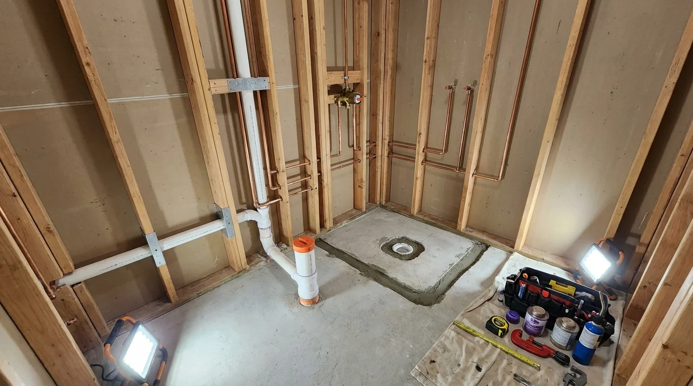 Bathroom rough-in plumbing during remodel by Johns Plumbing LLC in Hot Sulphur Springs