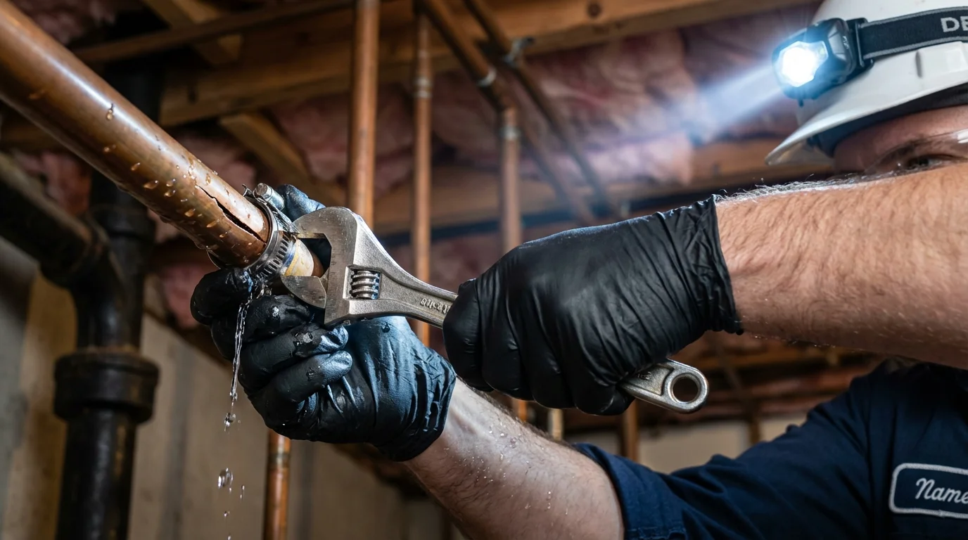 Emergency pipe clamp repair being performed by a Johns Plumbing LLC plumber in Hot Sulphur Springs