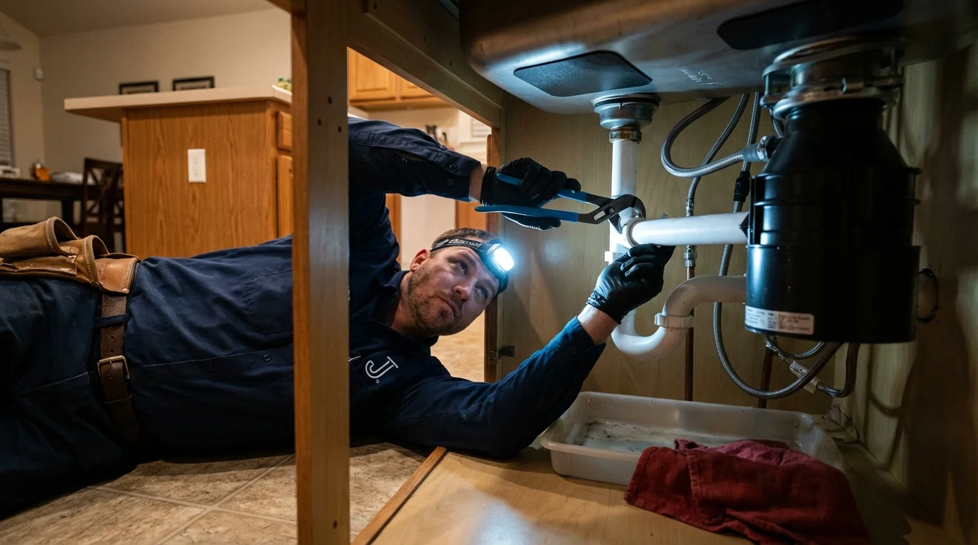 P-trap and supply line connections under a kitchen sink showing a common leak point in Hot Sulphur Springs, CO
